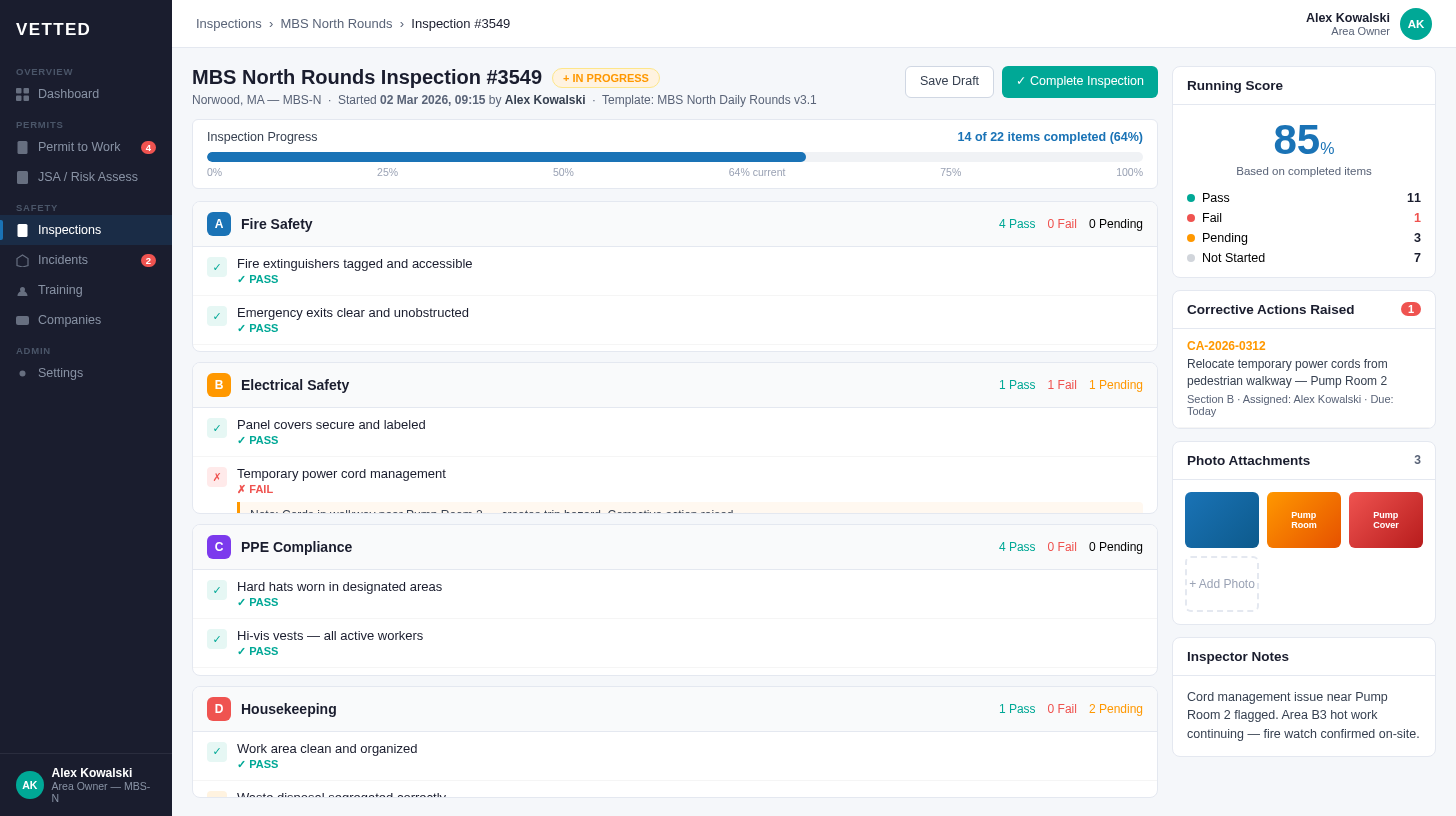 VETTED Safety Operations — inspection in progress
